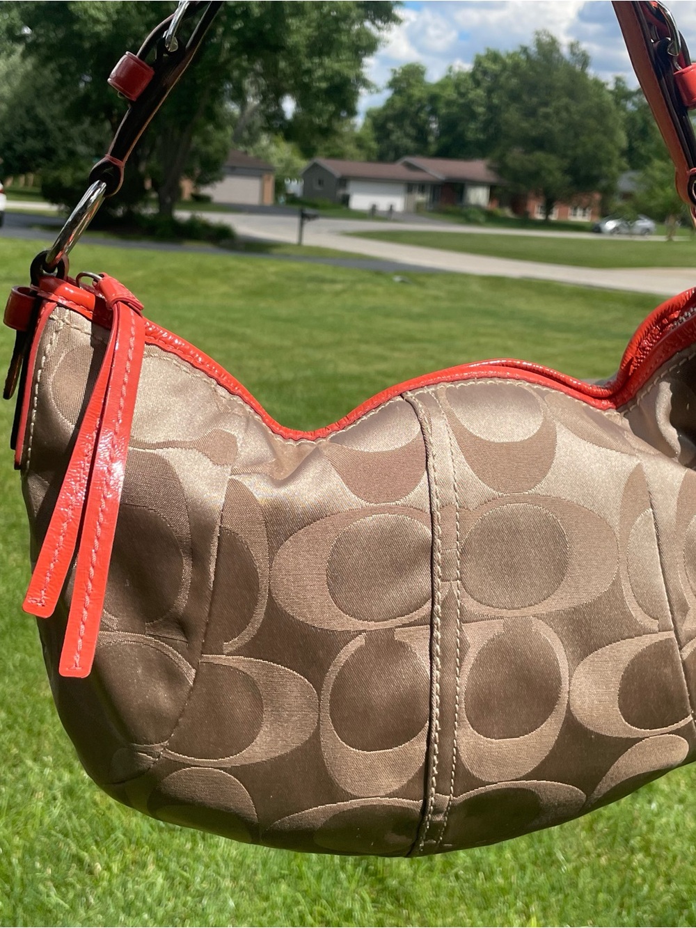 Coach Brown Signature Shoulder Bag with Coral Trim